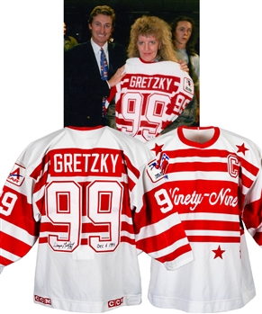 Wayne Gretzkys 1994 "Ninety-Nine Tour" Signed Game-Worn Jersey with LOA - Photo-Matched to Presentation of Jersey to Contest Winner