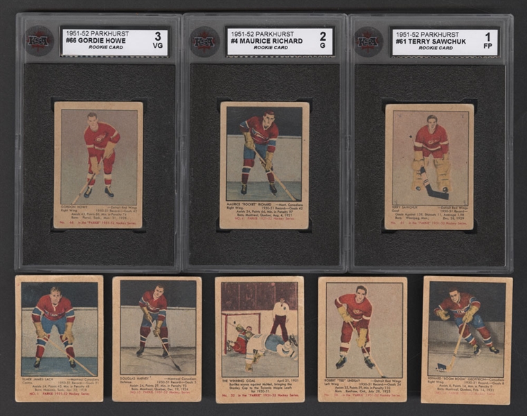 1951-52 Parkhurst Hockey Complete 105-Card Set and Extras (28) Including KSA-Graded Cards #24 Maurice Richard RC (2 G), #61 Terry Sawchuk RC (1 FP) and #66 Gordie Howe RC (3 VG) 