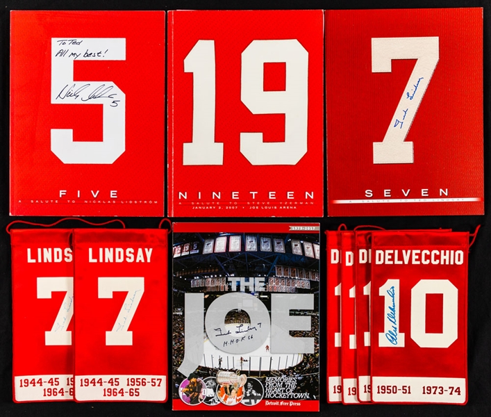 Ted Lindsays Detroit Red Wings "A Salute to..." Lindsay, Yzerman and Lidstrom Signed Books (8), Lindsay & Delvecchio Signed Number Retirement Banners (6) Plus Assorted Items with Family LOA