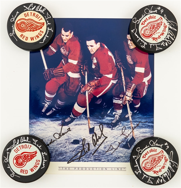 Detroit Red Wings Production Line Triple-Signed Photos (4) and Pucks (4) from Ted Lindsays Personal Collection with Family LOA