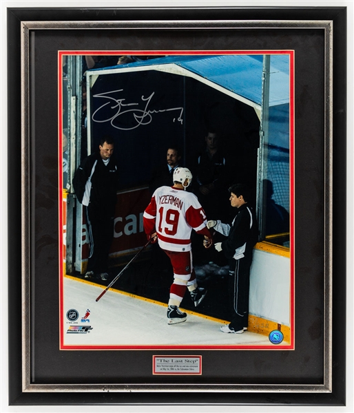 Steve Yzerman Autograph Collection (9 Pieces) Including "The Last Step" Framed Limited-Edition Photo #7/252 and Signed Pucks (5) from Ted Lindsays Personal Collection with Family LOA