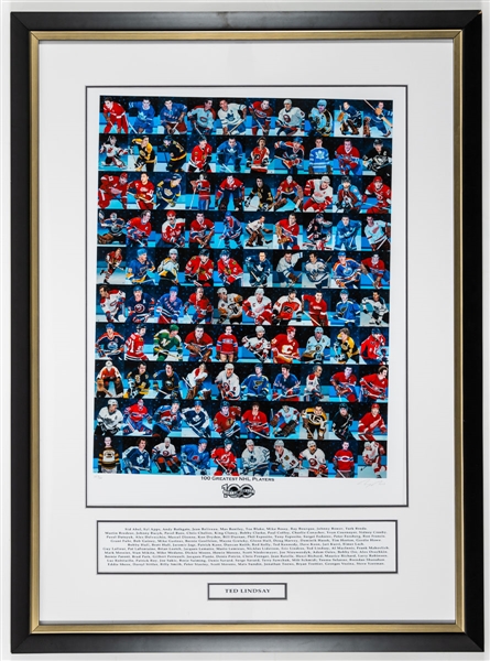 Ted Lindsay’s "100 Greatest NHL Players" Limited-Edition Framed Display AP 7/100 with Lindsay Family LOA (32” x 43 ½”) 