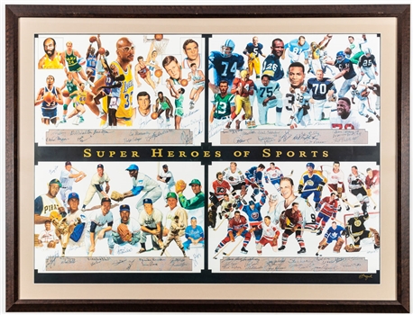 "Super Heroes of Sports" Multi-Signed Framed Lithograph Signed by 58 (MLB, NFL, NBA & NHL) from Ted Lindsays Personal Collection with Family LOA (35" x 46") 