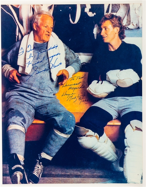 Gordie Howe and Wayne Gretzky Dual-Signed Photo Personalized to Ted Plus Wayne Gretzky Signed Easton Aluminum Stick from Ted Lindsays Personal Collection with Family LOA