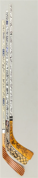 Ted Lindsays Hockey Oldtimers Team-Signed Sticks (3) Featuring Numerous HOFers with Family LOA 