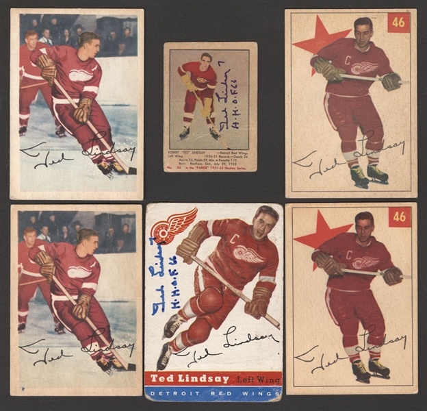 Ted Lindsays 1951-52 to 1954-55 Parkhurst/Topps Hockey Cards (8) Including Signed 1951-52 Parkhurst Rookie Card with Family LOA