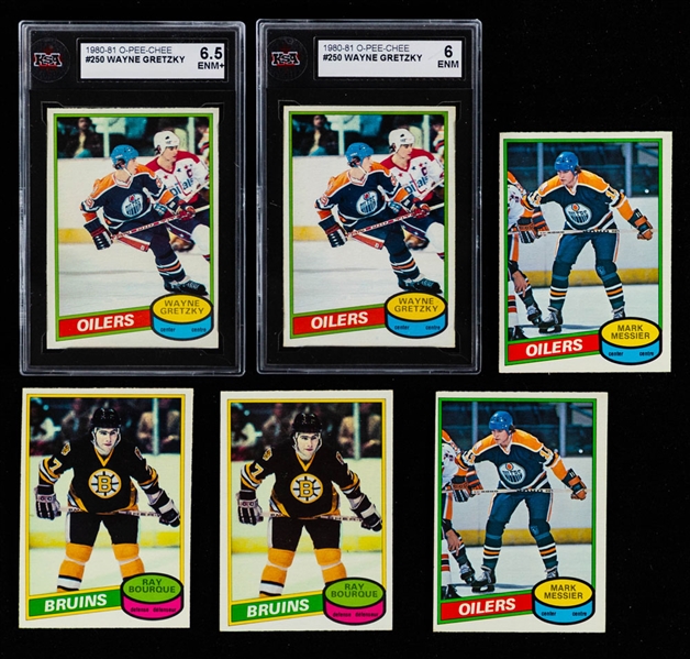1980-81 O-Pee-Chee Hockey Complete 396-Card Sets (2) with #250 Wayne Gretzky KSA-Graded Cards (6.5 ENM+ and 6 ENM)