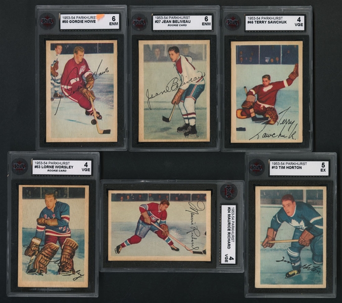 1953-54 Parkhurst Hockey Complete 100-Card Set Incl. KSA-Graded Cards #13 Horton (5 EX), #24 Richard (4 VGE), #27 Beliveau RC (6 ENM), #46 Sawchuk (4 VGE), #50 Howe (6 ENM) & #53 Worsley RC (4 VGE)