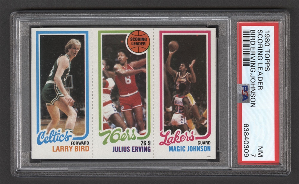 1980-81 Topps Basketball Card #34 HOFer Larry Bird Rookie / HOFer #174 Julius Erving / #139 HOFer Magic Johnson Rookie - Graded PSA 7