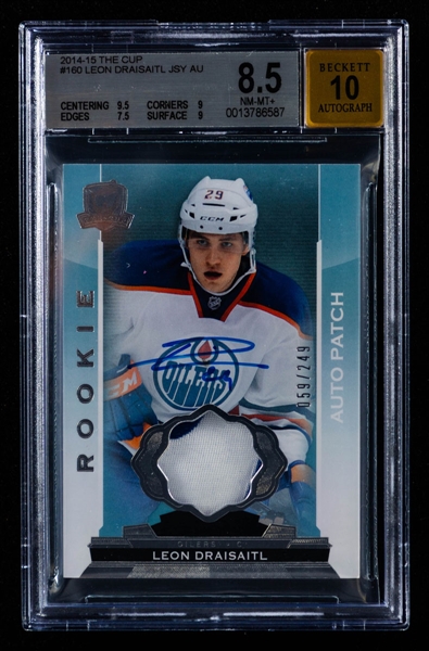 2014-15 Upper Deck The Cup Rookie Auto Patch Hockey Card #160 Leon Draisaitl RC (059/249) - Graded Beckett 8.5