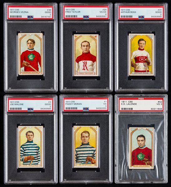 1911-12 Imperial Tobacco Hockey C55 PSA-Graded Complete 46-Card Set Inc. HOFers #1 Moran (VG 3), #20 Taylor (VG-EX 4), #31 Ross (GOOD 2), #38 Vezina RC (GOOD 2) and #42 Lalonde (VG 3)