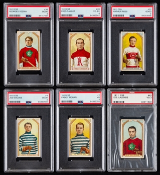 1911-12 Imperial Tobacco Hockey C55 PSA-Graded Complete 46-Card Set Inc. HOFers #1 Moran (VG 3), #20 Taylor (VG-EX 4), #31 Ross (GOOD 2), #38 Vezina RC (GOOD 2) and #42 Lalonde (VG 3)