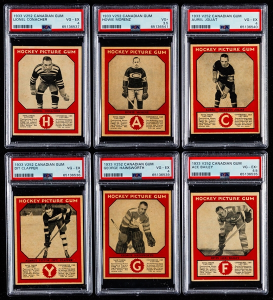1933-34 Canadian Chewing Gum V252 Hockey Complete 50-Card Set with 10 PSA-Graded Cards Inc. Bailey RC (PSA 4.5), L. Conacher RC (PSA 4), Hainsworth RC (PSA 4), Joliat (PSA 4) and Morenz (PSA 3.5)