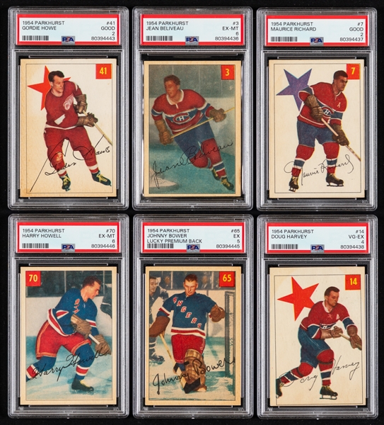 1954-55 Parkhurst Hockey Complete 100-Card Set Including PSA-Graded Cards (12) Inc. HOFers #3 Jean Beliveau (EX-MT 6), #7 Maurice Richard (GD 2), #41 G. Howe (GD 2) and #65 Johnny Bower Rookie (EX 5)