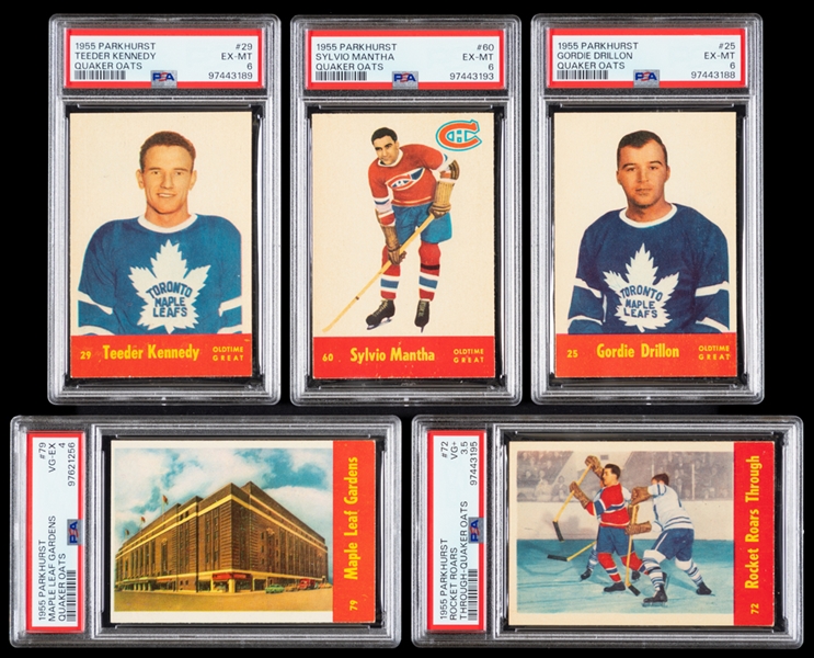 1955-56 Parkhurst Quaker Oats Hockey Starter Set (28/79) with 10 PSA-Graded Cards #25 HOFer Gordie Drillon, #29 HOFer Ted Kennedy, #60 HOFer Sylvio Mantha and #79 Maple Leaf Gardens Plus Extras (8)