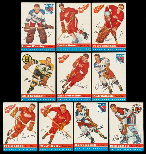 1954-55 Topps Hockey Near Complete Card Set (59/60) Including HOFers #8 Gordie Howe and #58 Terry Sawchuk Plus Extras (38) Including Sawchuk