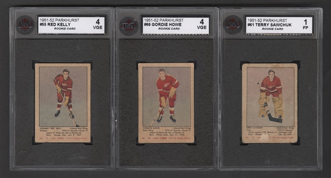 1951-52 Parkhurst Hockey Partial Set (89/105) with KSA-Graded Cards of #66 HOFer Gordie Howe Rookie (VGE 4), #55 HOFer Red Kelly Rookie (VGE 4) and #61 HOFer Terry Sawchuk Rookie (FP 1)