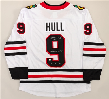 Bobby Hull Signed Chicago Black Hawks Fanatics Jersey with “Art Ross X3” and “60-62-66” Inscriptions - COA 