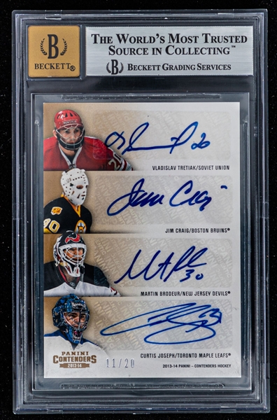2013-14 Panini Contenders Eights Autographs Gold Hockey Card #C8-G (11/20) - Signed by 8 Goalies Including Tretiak, Craig, Brodeur, Joseph, Price and Lundqvist - Graded Beckett 8.5