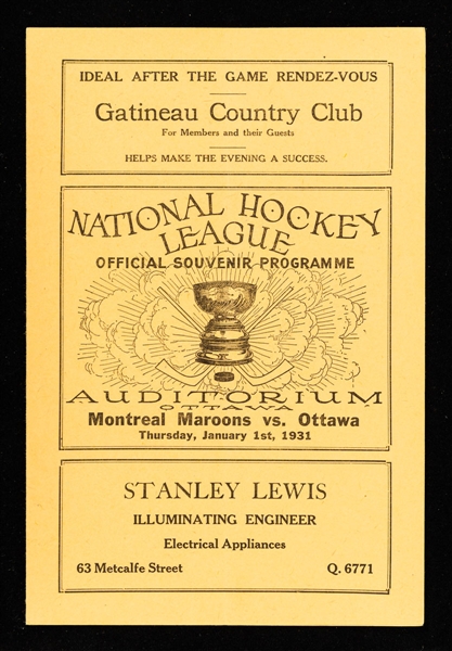 January 1st 1931 Ottawa Auditorium Program - Ottawa Senators vs Montreal Maroons