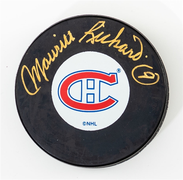Deceased HOFer Maurice "Rocket" Richard Signed Montreal Canadiens Puck and Dow Beer Postcard with LOA