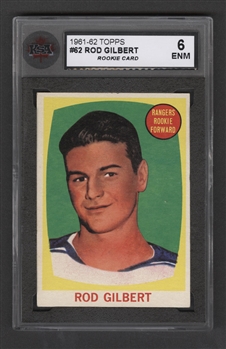 1961-62 Topps Hockey Card #62 HOFer Rod Gilbert Rookie - Graded KSA 6