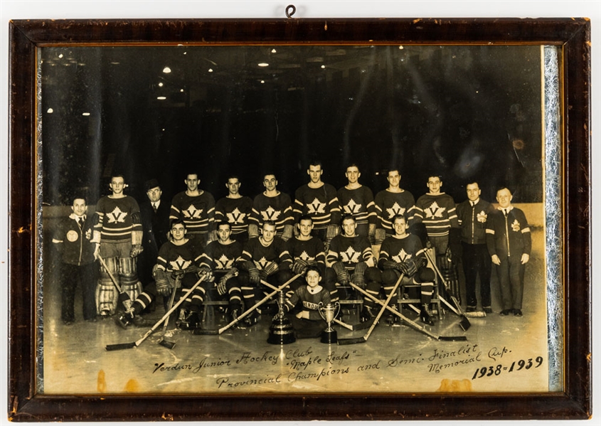 Verdun Jr Maple Leafs Hockey Club 1938-39 Provincial Champions and Memorial Cup Semifinalists Framed Team Photo with Butch Bouchard (16” x 23”) 