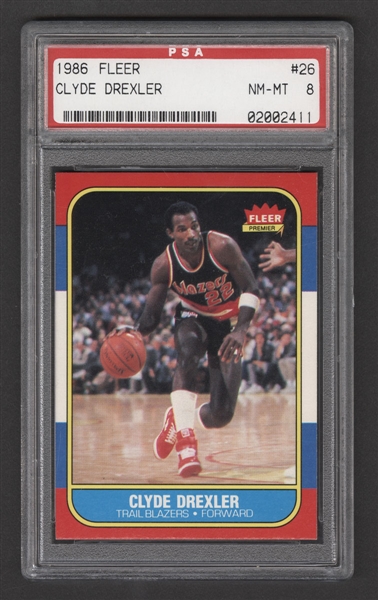 1986-87 Fleer Basketball Card #26 Clyde Drexler Rookie - Graded PSA 8