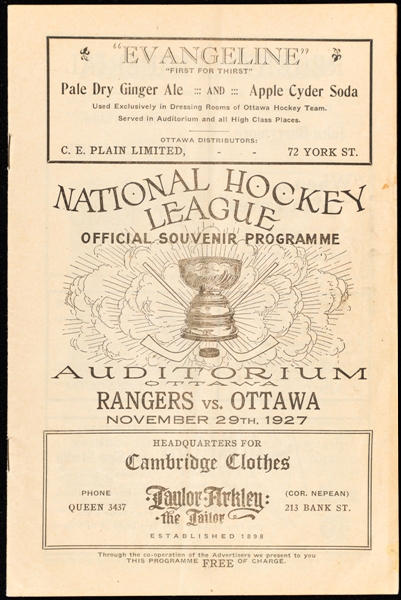 November 29th 1927 Ottawa Auditorium Program - Ottawa Senators vs New York Rangers