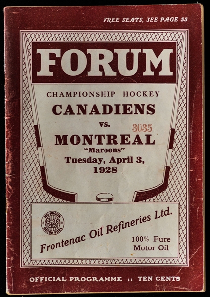 April 3rd 1928 Montreal Forum Program - Montreal Canadiens vs Montreal Maroons - Stanley Cup Semifinals Series-Clinching Game Won in OT by Maroons