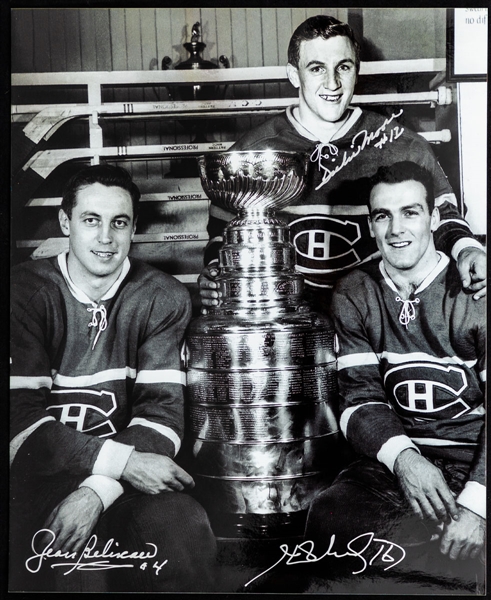 Deceased HOFers Jean Beliveau, Henri Richard and Dickie Moore Montreal Canadiens Triple-Signed Photo with LOA (8" x 10")