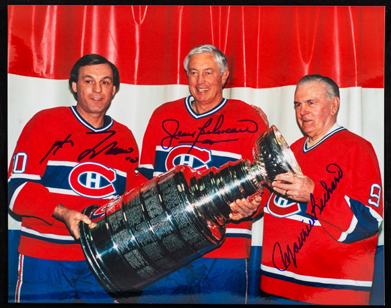 Montreal Canadiens Legends Maurice Richard, Jean Beliveau and Guy Lafleur Triple-Signed Photo with LOA (8” x 10”)
