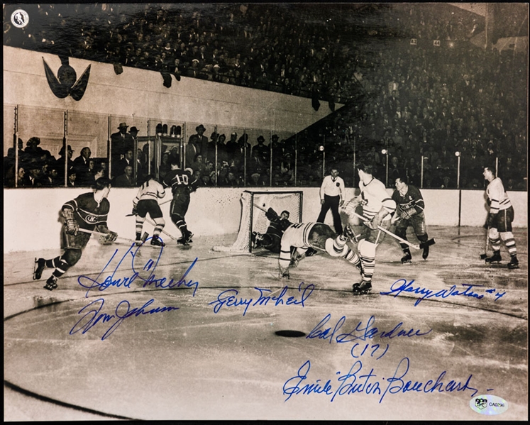 Multi-Signed Leafs/Canadiens Photo of Bill Barilkos Famous 1951 Goal with LOA (8" x 10")