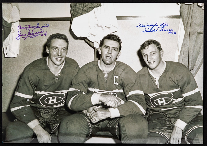 Jean Beliveau & Dickie Moore Signed "Friends for Life" Montreal Canadiens Dressing Room Framed Photo with Maurice Richard (10” x 14”)