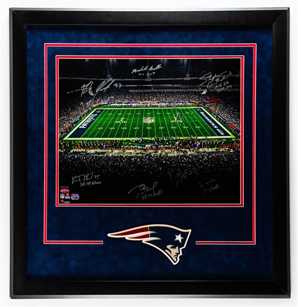 Super Bowl XLIX New England Patriots Multi-Signed Limited-Edition Framed Photo with Annotations #46/49 Including Tom Brady and Rob Gronkowski - Fanatics Authenticated (30” X 31”)