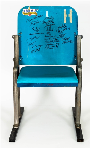 Montreal Forum Single Blue Seat Signed by 24 Former Montreal Canadiens Players Including Beliveau, Lafleur, H. Richard, Chelios, Cournoyer, Moore and Others