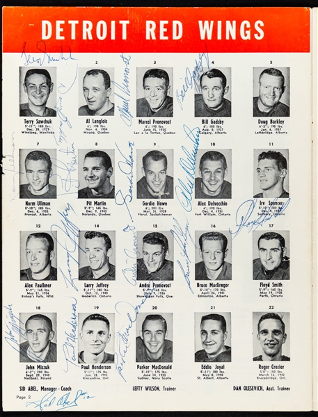 Detroit Red Wings April 16th 1964 Detroit Red Wings Team-Signed Stanley Cup Finals Program with LOA Including Deceased HOFers Sawchuk, Howe, Pronovost, Gadsby and Abel