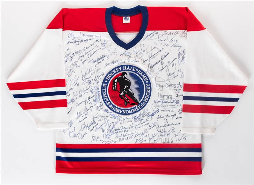 Hockey Hall of Fame Jersey Signed by 70+ Including HOFers Howe, Richard Bros, Geoffrion, Lemieux, Gretzy, Roy, Yzerman, Hull and Others with JSA Auction LOA 