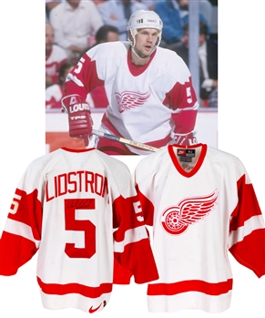 Nicklas Lidstroms 1996-97 Detroit Red Wings Signed Game-Worn Jersey - Team Repairs! - Stanley Cup Championship Season!