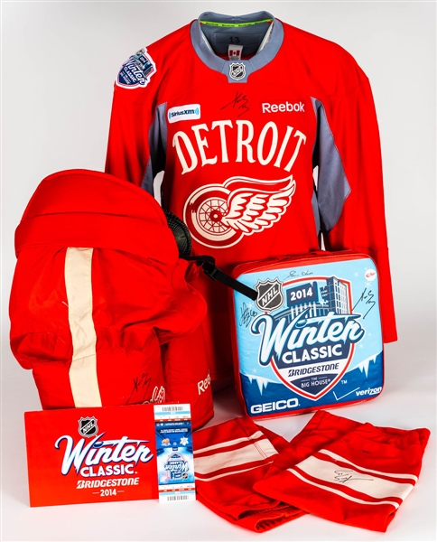 Pavel Datsyuks Detroit Red Wings 2014 Winter Classic Signed Game-Worn Pants, Signed Worn Practice Jersey, Signed Worn Socks and Signed Framed Photo (23" x 27")
