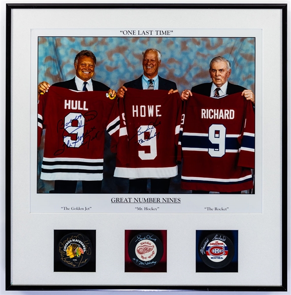 "Great Number Nines" Gordie Howe, Maurice Richard and Bobby Hull Signed Pucks Framed Display (24" x 24")