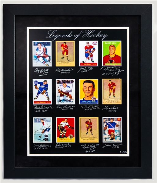 Legends of Hockey HOFers Rookie Cards Limited-Edition Framed Poster #9/25 Signed by 12 Including Howe and Beliveau (23 1/2” x 27 1/2”)