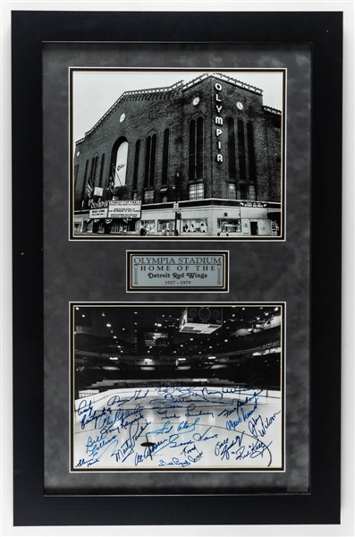 Detroit Olympia Dual Photographs Framed Display Signed by 22 Former Detroit Red Wings Including Deceased HOFers Howe, Abel and Lindsay (21 ½” x 33 ½”) 