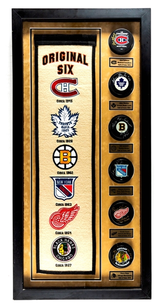 Legends of Hockey Original Six Banner and Pucks Shadow Box Framed Display Signed by 6 HOFers Including Gordie Howe and Wayne Gretzky (18 1/4” x 38 1/4”)