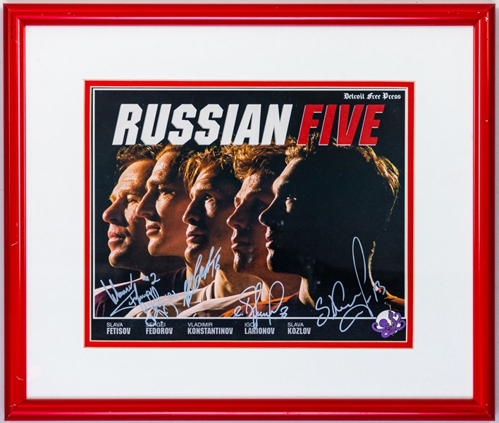 Detroit Red Wings “Russian Five” Framed Photo Signed by Fetisov, Larionov, Konstantinov, Federov & Kozlov (16 ½” x 19 ½”) 