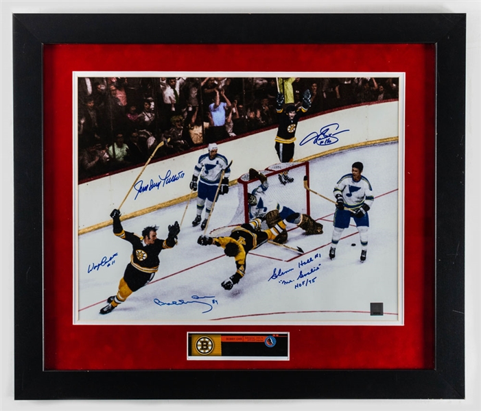 Bobby Orr "The Goal" Multi-Signed Framed Photograph with Orr, Hall, Sanderson, Talbot and Carleton with GNR COA (23 1/4” x 27 1/4”)