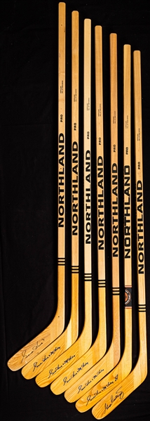 Deceased HOFer Gordie Howe Signed Northland Pro Replica Hockey Sticks (6) Plus Georges Armstrong Signed Stick