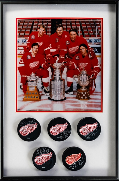 Detroit Red Wings “Russian Five” Signed Puck Framed Display with Fetisov, Larionov, Konstantinov, Federov & Kozlov (16 ½” x 19 ½”) 