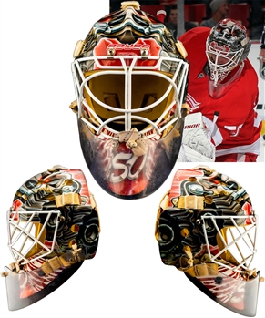 Jonas Gustavssons 2013-14 Detroit Red Wings Game-Worn Bauer Goalie Mask by DaveArt - Photo-Matched!