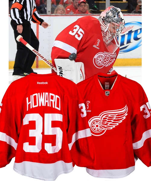 Jimmy Howards 2013-14 Detroit Red Wings Game-Worn Jersey - Team Repairs! - Lidstrom Jersey Retirement Patch! - Photo-Matched!